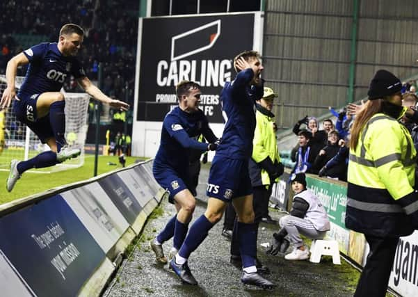 Dario del Fabro celebrates his late equaliser for Kilmarnock at Easter Road. Picture: Rob Casey / SNS