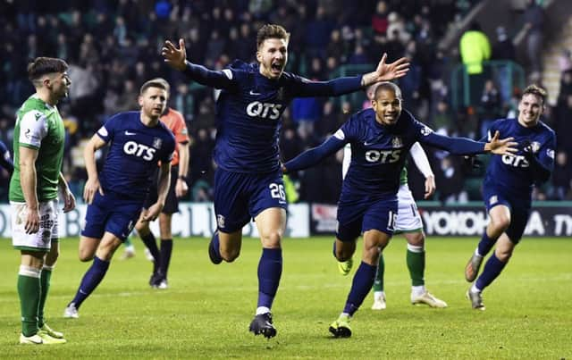 Kilmarnock's Dario del Fabro celebrates scoring his late equaliser  at Easter Road. Picture: Rob Casey/SNS