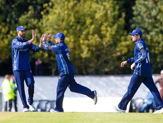 Scotland in action against Afghanistan in an ODI at The Grange in May 2019