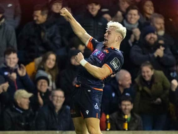 Edinburgh wing Darcy Graham celebrates his match-sealing second try. Picture: SRU/SNS