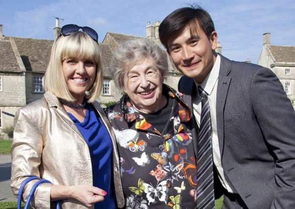 Marion Chesney (M C Beaton) on the set of Agatha Raisin with Ashley Jensen and Matt McCooey (Picture: MC Beaton/Twitter)