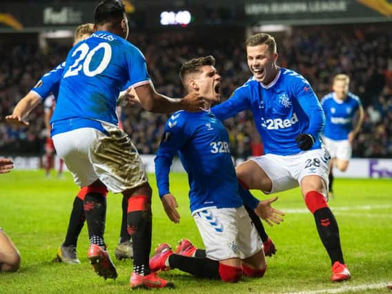 Ianis Hagi celebrates scoring for Rangers. Picture: SNS